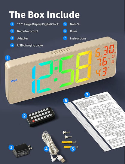 MASHI 2026 Upgrade 17.3" Large Digital Wall Mount Clock, Digital Clock with Remote Control, Alarm, Big LED, RGB Color, DST, Temperature for Living Room,Classroom, Bedroom, Decor (Beige)