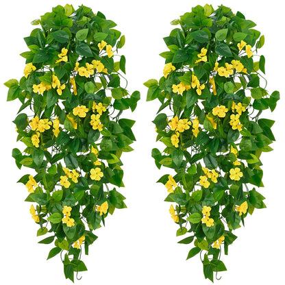 BLEUM CADE Artificial Hanging Flowers for Outdoors, 2pcs Fake Hanging Plants Pothos Vines with Yellow Flowers for Wall Home Living Room Indoor Outdoor Decor (No Baskets)