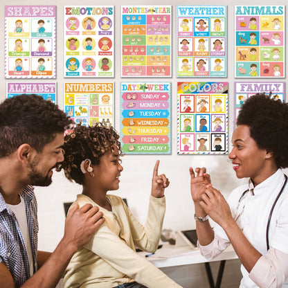 Set of 12 ASL Posters ABC Sign Language Flash Cards American Sign Language Learning Poster for Toddler Kids Students Classroom Decorations ASL Gift