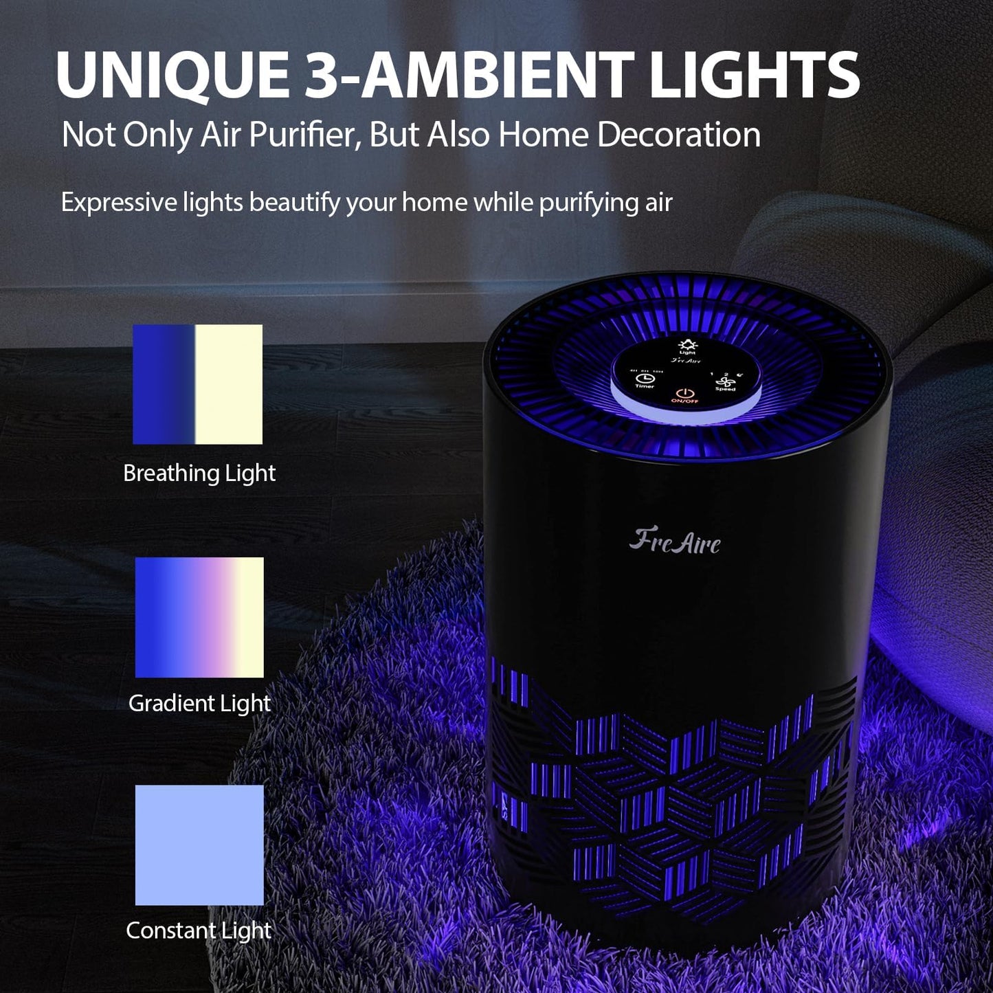 FreAire Air Purifiers for Bedroom Covers Up to 1086 Ft², Air Purifiers for Home, HEPA Air Purifier with Lights, Air Purifier Removes Dust Smoke Pollen Dander Smell, for Home/Pets/Bedroom (Black)