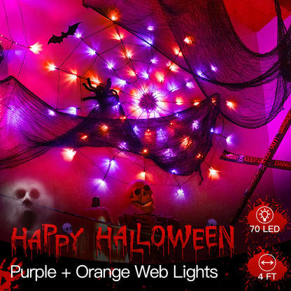 Ollny Spider Web Decoration 4FT 70 LED, Orange and Purple Halloween Lights with Black Spider Battery Powered 8 Modes Timer, Waterproof Cobweb String Light for Outdoor Indoor House Yard Party