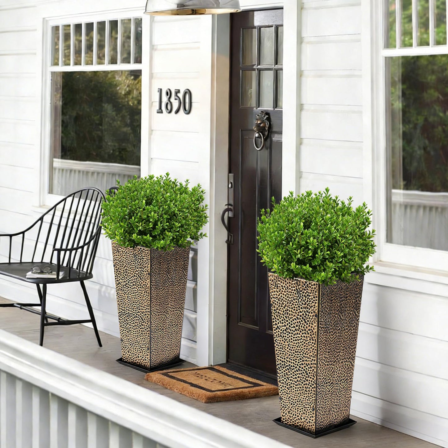 BAYN 2-Pack 24" Tall Metal Planter – Hand-Hammered Textured Large Copper Flower Pots Box with Saucer for Outdoor&Indoor, Garden, Porch, Patio, Yard with Pre-Drilled Drainage Holes