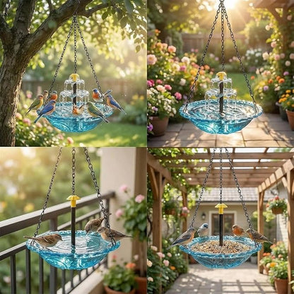 2026 Solar Cascade Hanging Bird Bath Fountain - 3 Layers Outdoor Water Feature for Hummingbirds, Easy-Clean 9.3" Glass Basin with Solar Powered Pump, Attract Wild Birds to Garden, Patio (Blue)