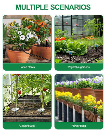 IRRIGARDENER Drip Irrigation System for Garden, Automatic Garden Watering System with 115FT 1/2” & 1/3” Tubing, Dual Faucet, Adjustable Nozzle Emitters for Garden, Greenhouse, Lawn, Potted Plants