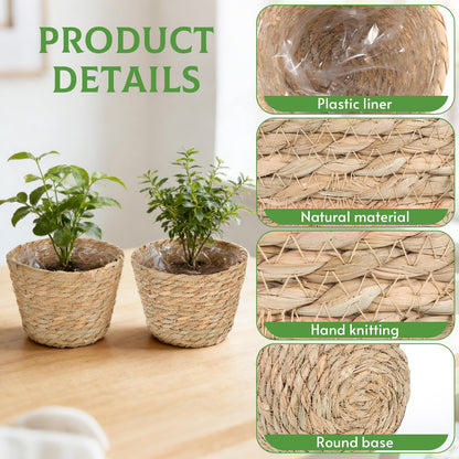 10 PCS Seagrass Plant Baskets with Plastic Liners, Woven Planter Basket Set for Indoor and Outdoor Plants, Wicker Flower Pot Covers Plant Container sand Storage Baskets for Home and Farmhouse Decor