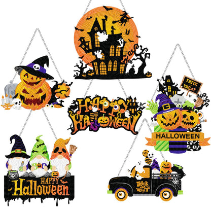 Zonon 6 Pcs Halloween Diamond Painting Hanging Sign Set 5d Gnome Pumpkin Diamond Art Set for Adults DIY Art Pendant Ornaments Kits Acrylic Bat Skull Ghost Truck for Halloween Wall Door Window Decor