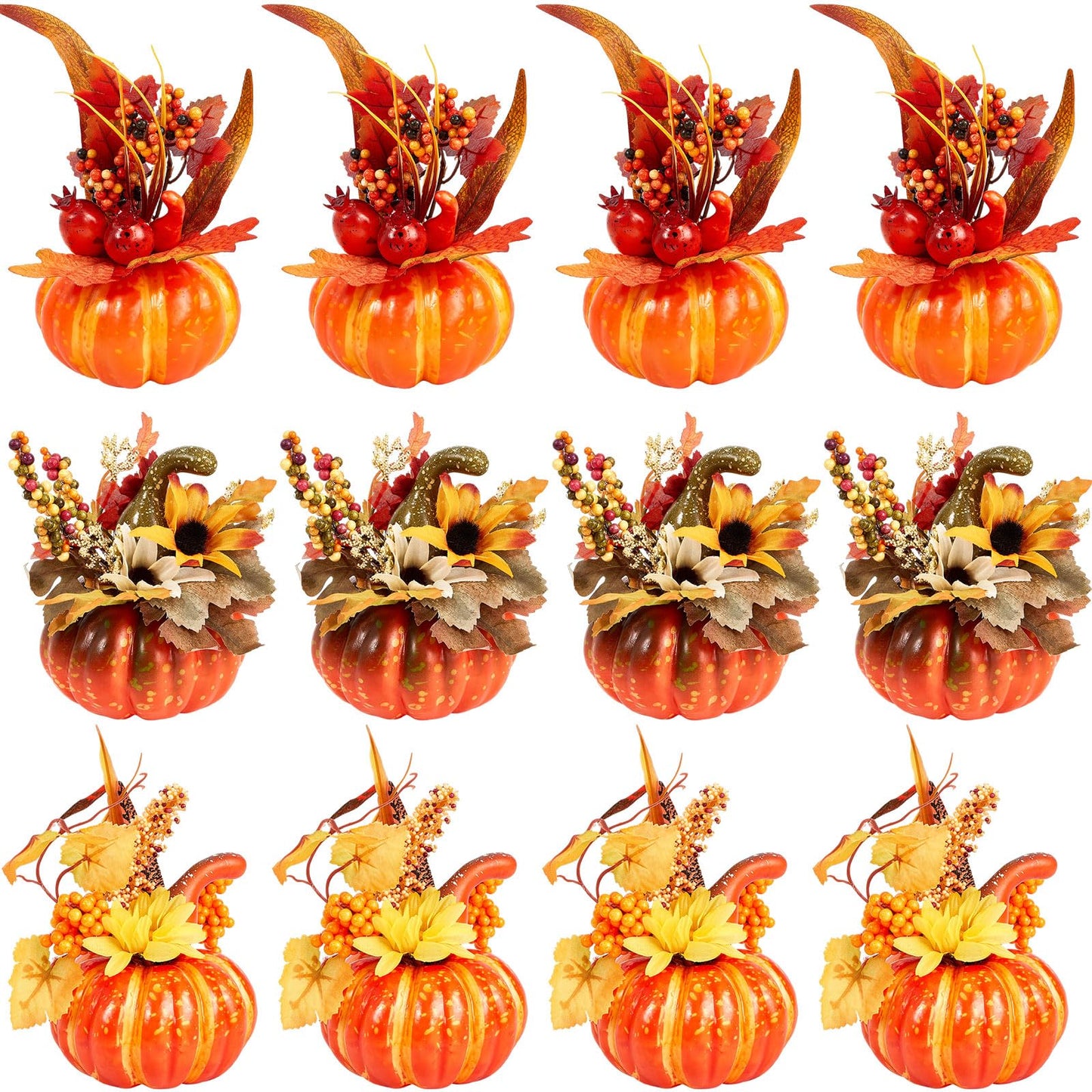 Leinuosen 12 Pcs Fake Pumpkin Centerpiece for Table 6 Inch Pumpkins with Maple Sunflower Berry Decorative Pumpkins Artificial Foam Pumpkin for Fall Harvest Halloween Thanksgiving Table Decoration
