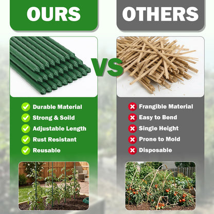 Tegarbed Garden Stakes 70 Pack, 16 Inch Plastic Coated Metal Tomato Stakes, DIY 4ft 5ft 6ft 7ft Plant Support Stakes with 40 Connectors 30 Rotatable Clips 30 Plant Clips for Indoor Outdoor Vegetables
