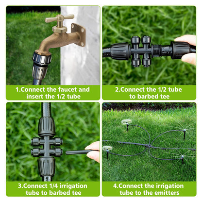 102FT Drip Irrigation System Kit, New Quick-Connect, Automatic Garden Watering Misting System for Greenhouse, Yard, Lawn, Plant with 1/2 inch Hose 1/4 inch Distribution Tubing and Accessories