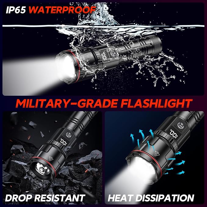 RECHOO Rechargeable Flashlights 2 Pack, Super Bright High Lumens LED Flashlight with LCD Digital Display, 3 Lighting Modes & Zoomable Torch Lights for Home Camping Hunting Emergency
