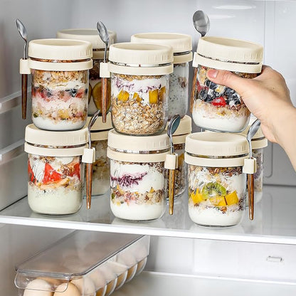 6 Pack Overnight Oats Containers with Lids and Spoons, 16 oz Glass Mason Overnight Oats Jars, Large Capacity Airtight Jars for Milk, Cereal, Fruit(Beige）