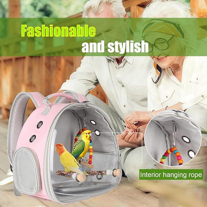 Portable Parrot Travel Cage Carrier with Small Swing Toy&Cage Colorful Toys Set Small Bird Parakeet Bag with Standing Perch Bird Carry Transport Bag (Pink, Backpack/Swing)