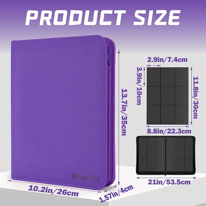 9 Pocket Card Binder,360 Pockets Trading Card Holder Book, Premium PU Cover Zip Folder Binder,Side Loading Carrying Case Binder Album for TCG,MTG,Sports Cards,Game Cards (Purple)