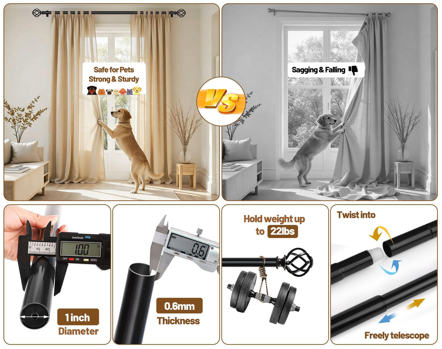 KAMANINA Black Curtain Rods for Windows 72 to 144 Inches (6-12ft), 1 Inch Heavy Duty Curtain Rod 32 to 144, Long Decorative Single Drapery Rods, Twisted Cage End