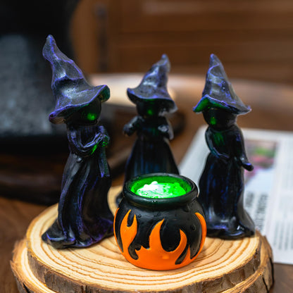 NEROSUN 4 PCS Halloween Miniature Witches Cauldron Figurine Table Decoration, Resin Scary Witches Lighted up Cauldron, Halloween Festival Supplies Indoor Outdoor Shelf Fireplace Home Decor