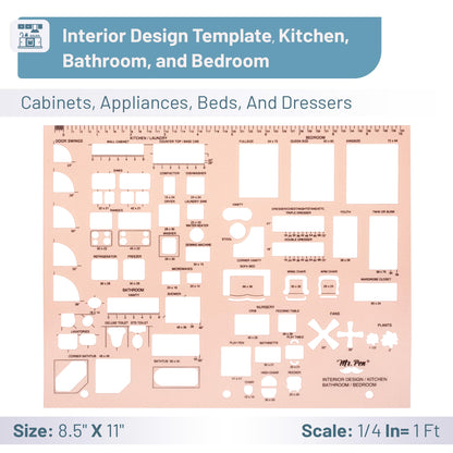 Mr. Pen- House Plan, 3 pcs, Interior Design and Furniture Templates, Clear Flexible Plastic, Drafting Tools, Ruler Shapes for Architecture, 1/4 Inch Scale, Kitchen, Bath, Bedroom, Office, Living Room