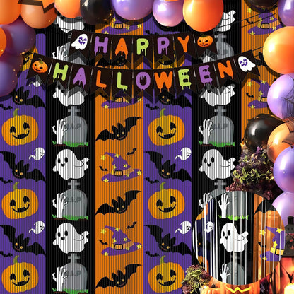 OQOQ Halloween Party Decorations Backdrops, 2 Pcs 3.3x6.6 Ft Tinsel Foil Fringe Curtains & 1 Pcs Happy Halloween Banner, Streamer Large Photo Booth Props Indoor Party Decor