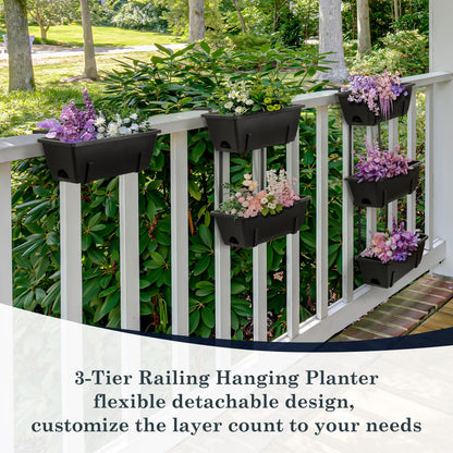 OYEAL Railing Planter Box Black Hanging Window Boxes Planter with Adjustable Brackets, Outdoor Set of 2 Deck Rail Planters with 6 Detachable Plastic Flower Pots for Garden Fence, Patio, Windowsill