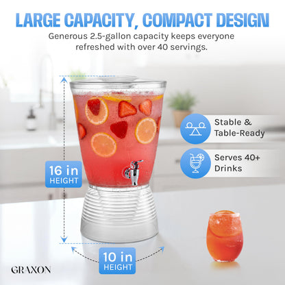 Drink Dispenser for Parties (2.5 Gallon) Large Plastic Water Dispenser for Counter Tops, No Mess, Easy to Assemble & Wash, Up to 40 Drinks, For Drinks, Juice, Punch & Water (1 Pack)