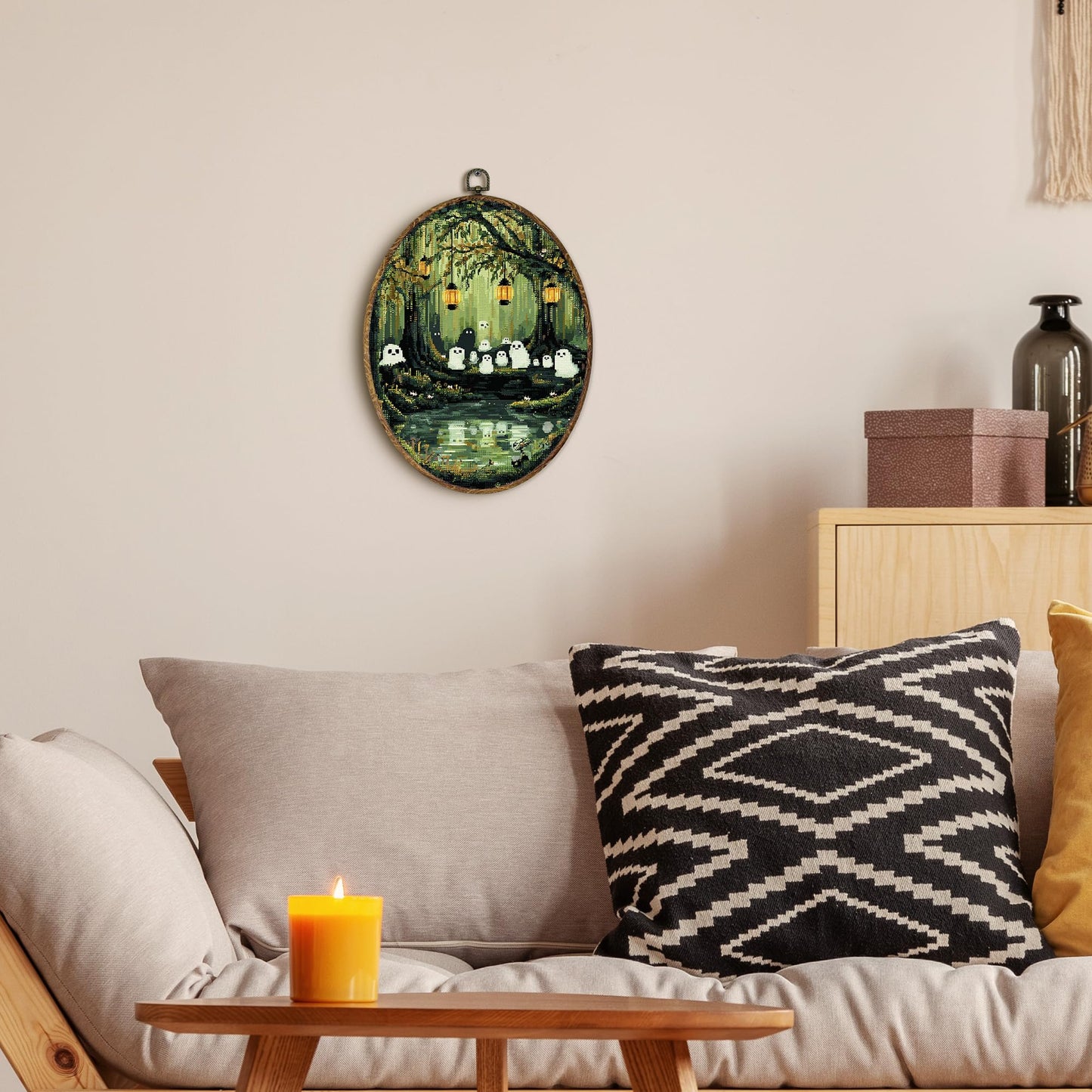 EGVQK Cute Halloween Ghost Oval Wall Art Decor, pixel art Ghosts Framed Canvas Prints Wall Art, Whimsigoth Oval Canvas Hanging Decor for Scary Halloween Ghost Decorations Indoor Living Room 8.5x11.5in