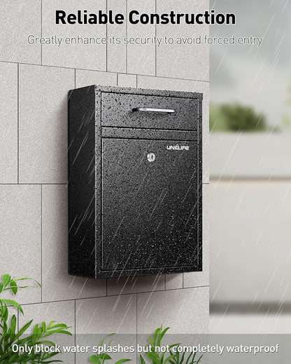 Uniclife Wall Mount Mailbox for Outside, Anti-Theft Heavy Duty Locking Mailbox, Large Mailbox with Key Lock, Security Mail Box, Safe Key Drop Box, Post Box, Steel Cash Drop Box for Home Office, Black