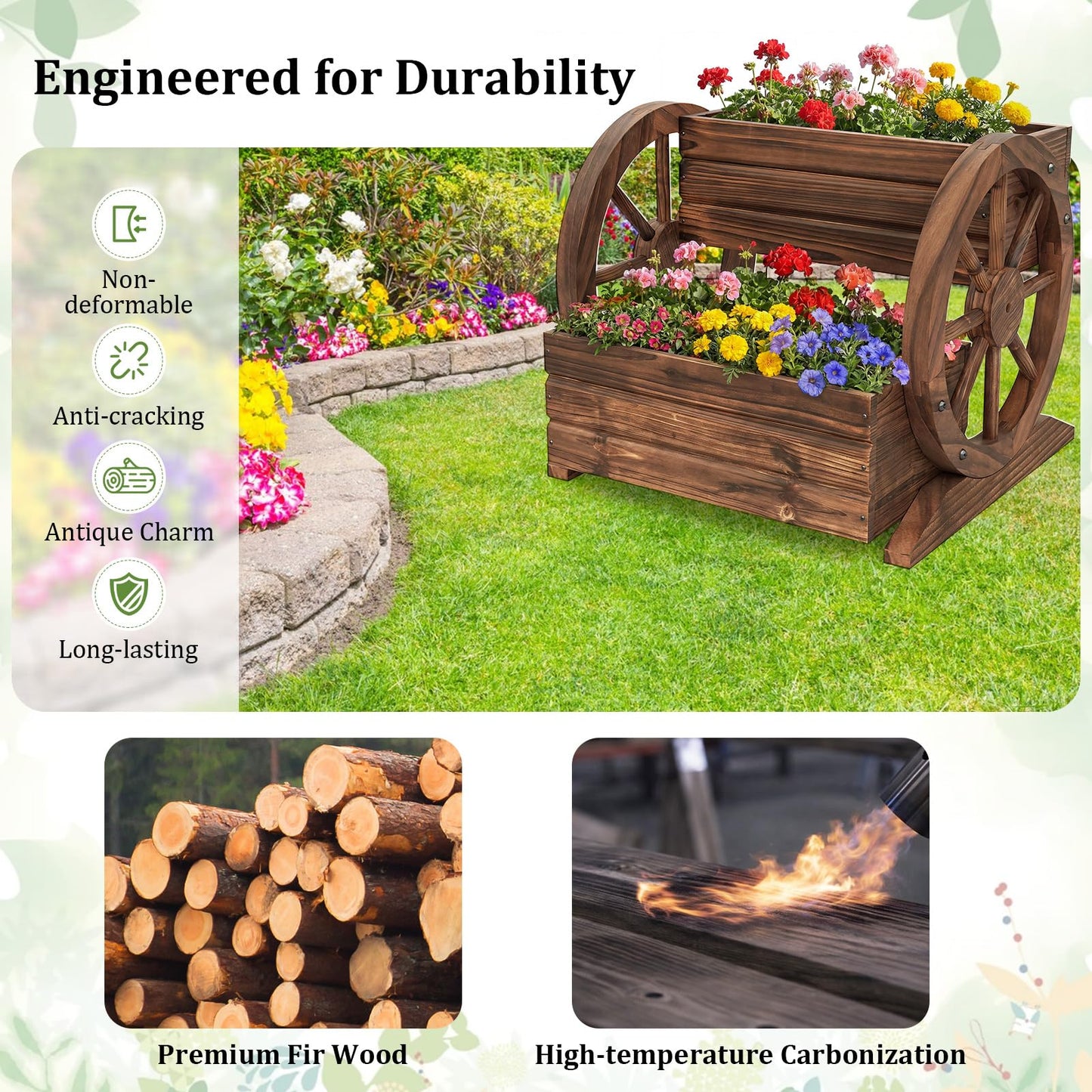 Byroce Wooden Wagon Planter Box, 2-Tier Raised Garden Bed with Drainage Holes for Flowers, Vegetables & Herbs, Indoor Outdoor Decorative Wheel Cart for Patio, Yard & Balcony, Rustic (1)