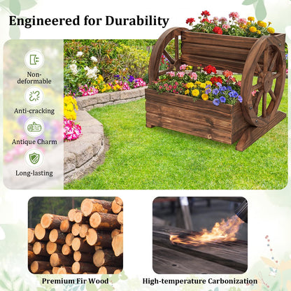 Giantex Wooden Wagon Planter Box, Garden Planter with Drainage Holes & Wheels for Flowers Herbs Vegetables, Indoor Outdoor Decorative Flower Cart for Patio Garden Balcony (1)