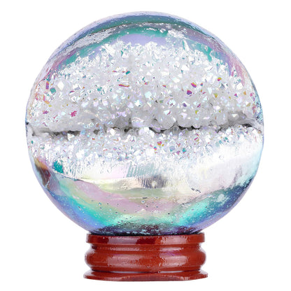 dssmboom White AB Titanium Coated Geode Stone Sphere with Wooden Stand for Home Decor, Rock Quartz Crystal Ball for Fengshui, Divination, Meditation, 61mm-70mm