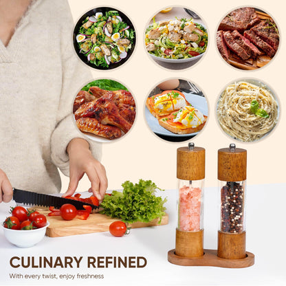 Wooden Salt and Pepper Grinder Set | 8-Inch Manual Acrylic Mills with Adjustable Ceramic Grinding Mechanism | Includes 2 Grinders + Wood Base | Premium Salt and Pepper Grinders by BING-US