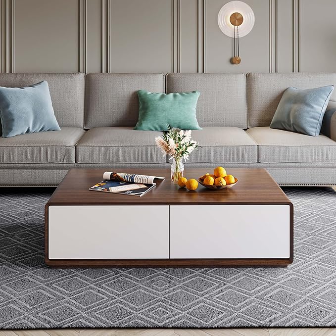 POVISON Modern Coffee Table with 4-Drawer, 51 inch Rectangle Coffee Table for Living Room,Full-Assembled, Walnut and White