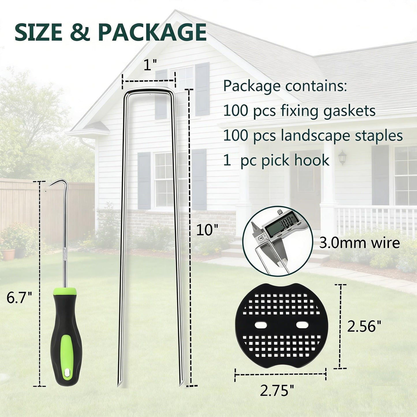10 Inch 100 PCS Galvanized Landscape Staples with 100 PCS Gasket, Landscape Fabric Pins Stakes Lawn Ground Cover Graden Staples Spikes Weed Barrier Stakes