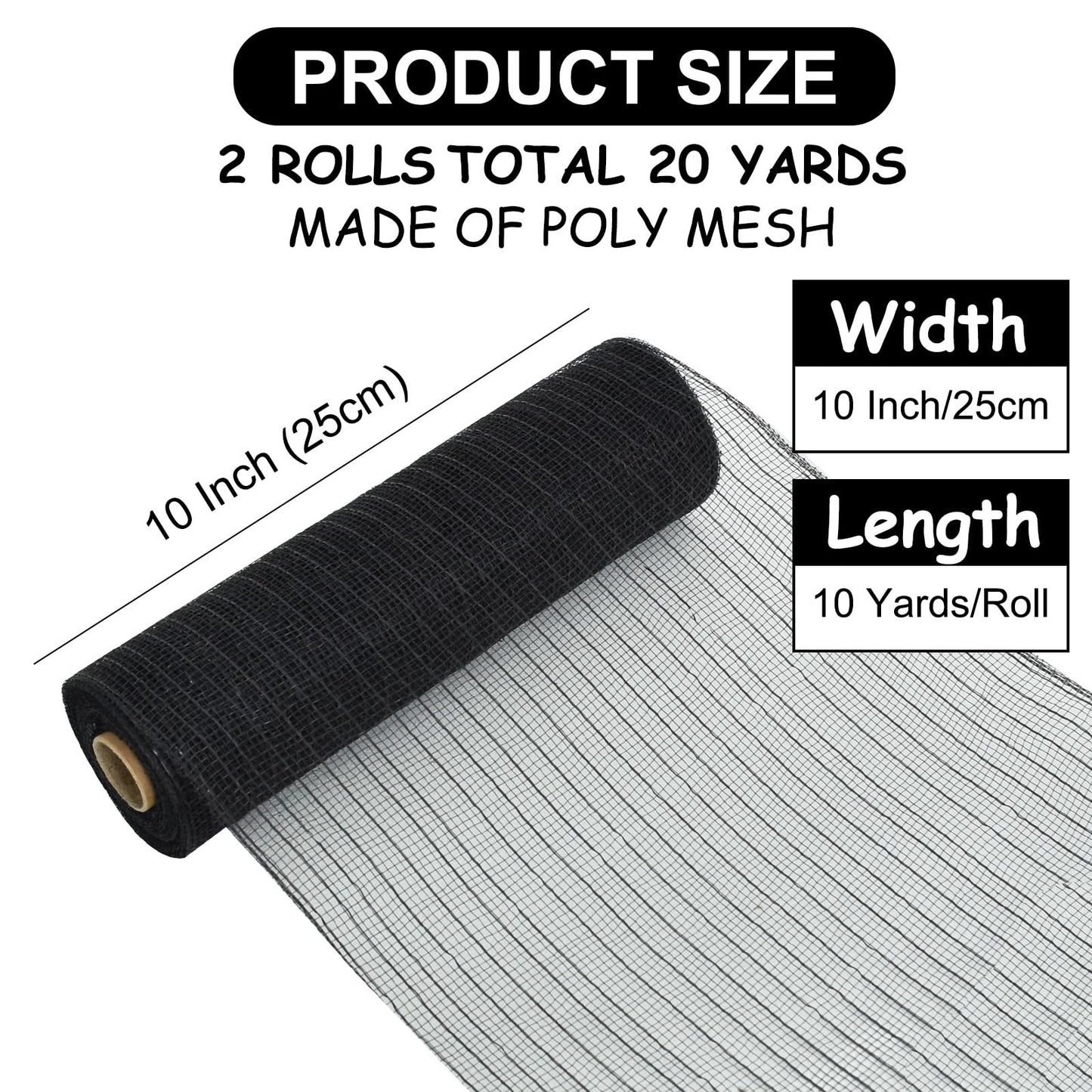 TONIFUL 2 Rolls 10 Inch Black Decorative Mesh Ribbbon Rolls, Fabric Mesh with Foil for Wreath Supplies, Front Door Wreath Crafts Tree Decor Christmas NewYears Halloween Decoration (10 yds/roll)