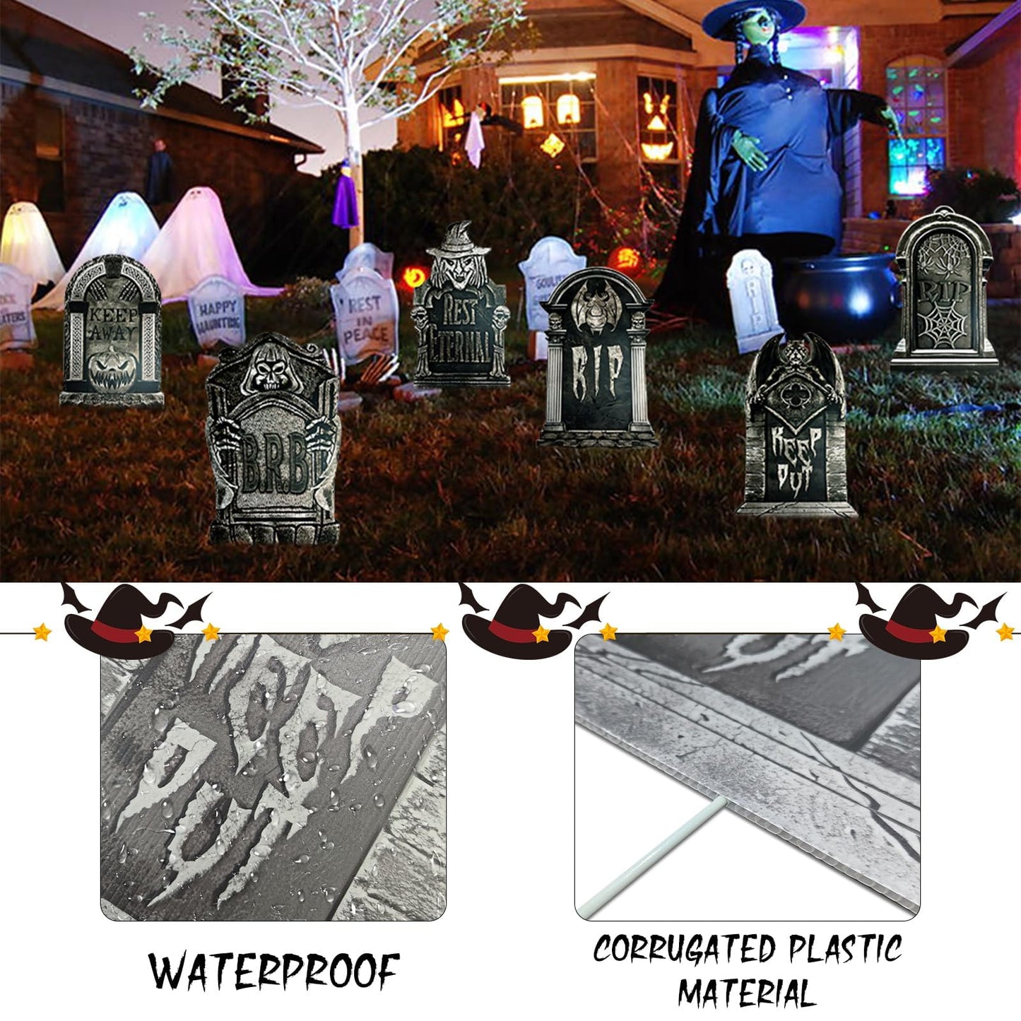 17inch Halloween Tombstones Decorations 6PCS Graveyard Halloween Decorations Outdoor, Plastic Halloween Gravestones Headstone Yard Signs for Yard Decor