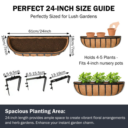 KIDYBELL 24“ Window Box Railing Planter with Coco Liner Metal Wall-Mounted Coconut Liner Planter Basket English Horse Trough Planters for Outdoor Deck Balcony Porch Fence Patio Black (2 Pack)