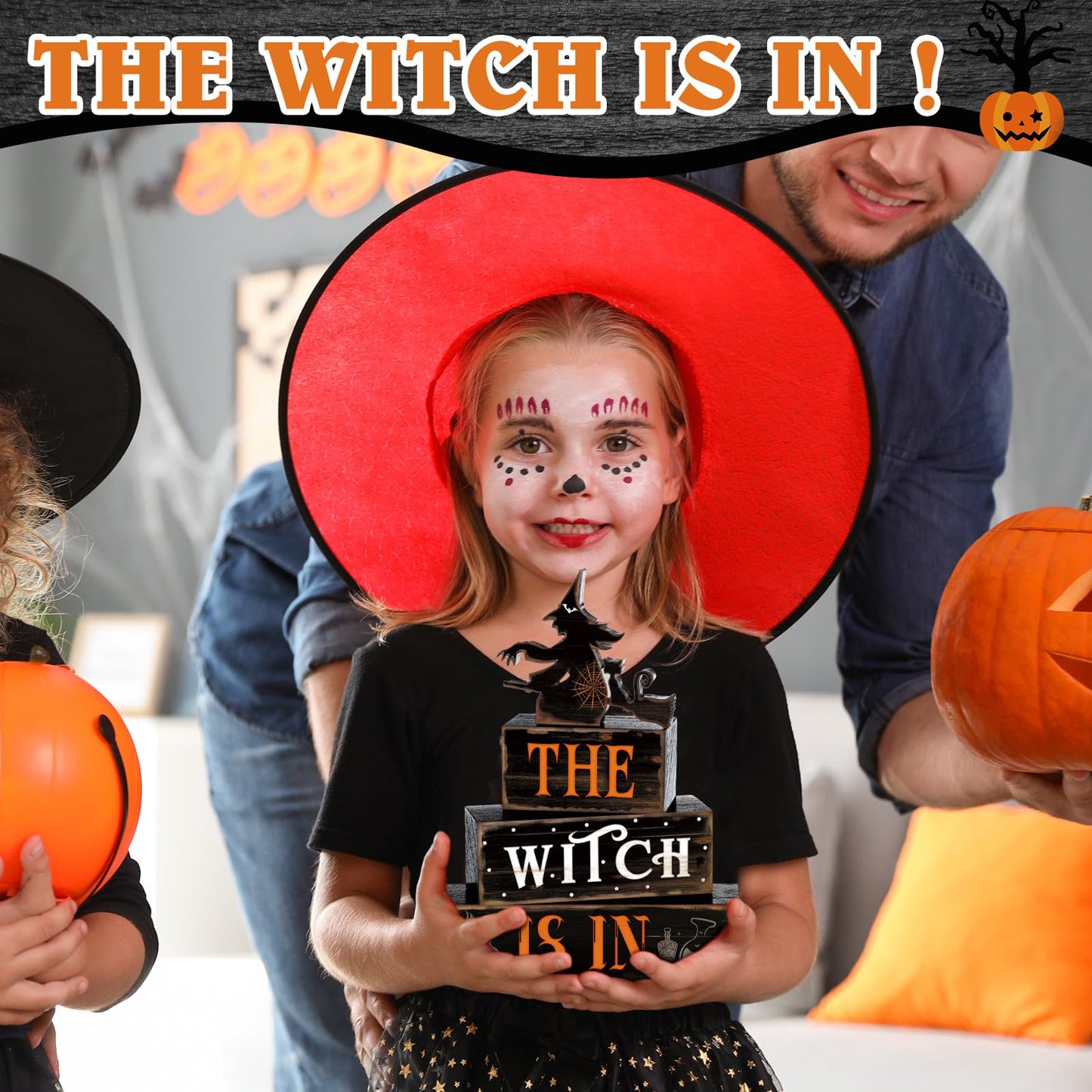 4 Pcs Halloween Table Decor Witch Black Cat Wooden Sign Halloween Tiered Tray Decor Farmhouse Witch Tabletop Centerpiece Rustic Brew Wooden Block Signs for Home Office Kitchen Shelf