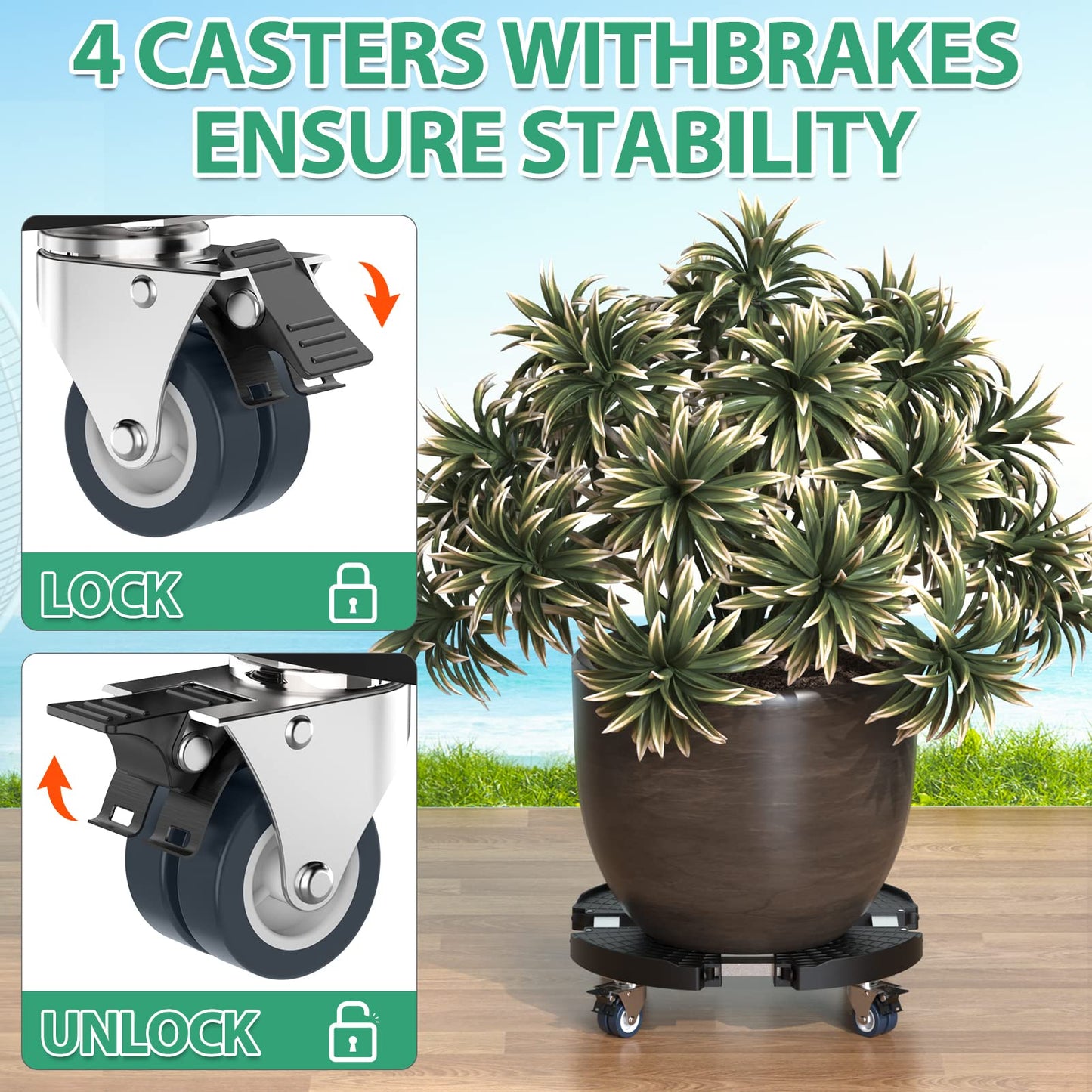 VANCASTLE Plant Caddy with Lockable Wheels Heavy Duty 450lbs Capacity, 15-22 Inch Adjustable Plant Stand with Wheels Rolling base, Plant Dolly for Flower Pot Mover Indoor Outdoor, Black, 2 Pack