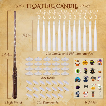 Floating Candles with Wand for Halloween Decorations: Upgraded 20Pcs Magic LED Hanging Floating Candle Battery Operated Flameless Candles with Timer for Birthday Gifts Halloween Party Indoor Décor