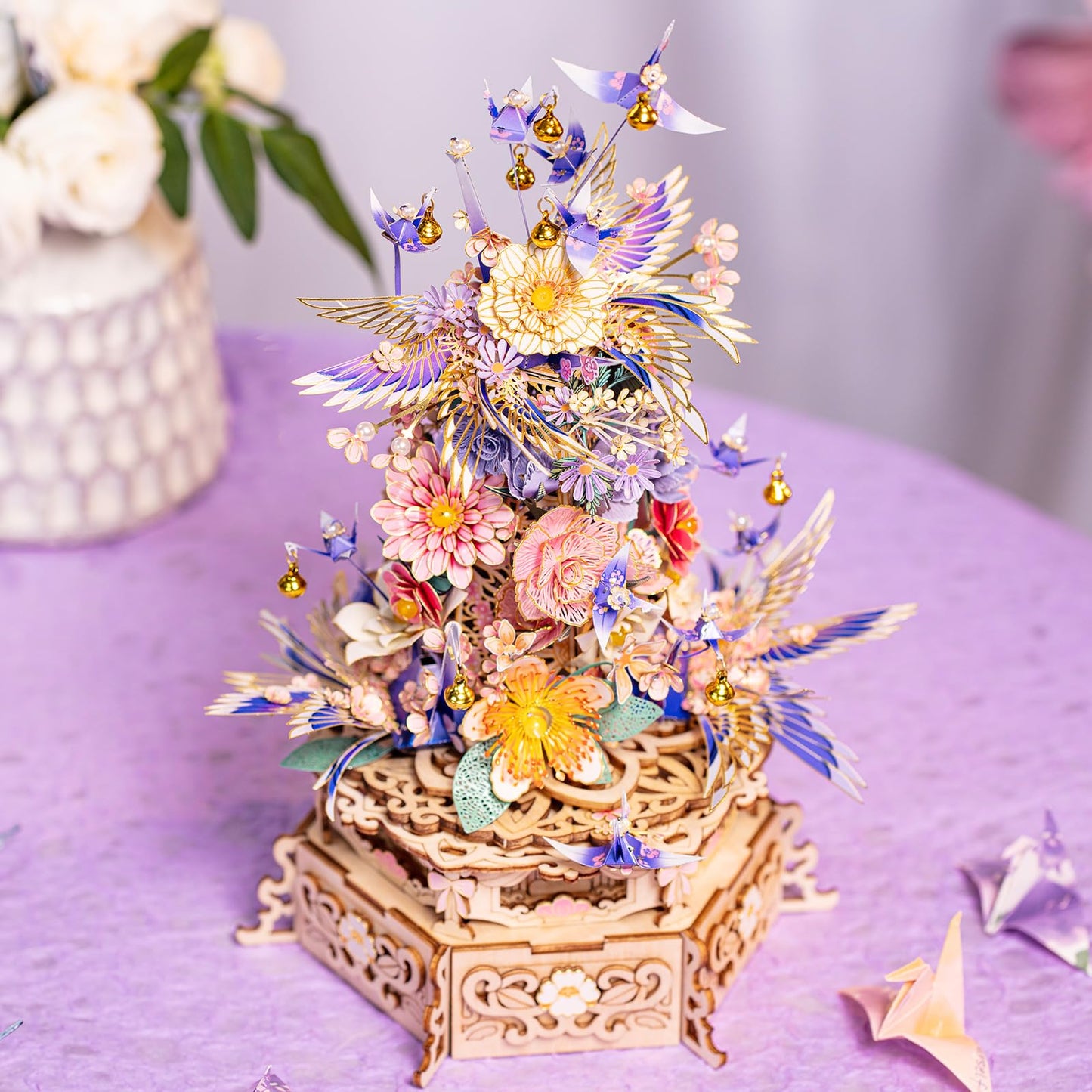 MU 3D Metal Puzzles for Adults Feast of Flower, 3D Wooden Puzzles Metal Model Kit Building Wood Flowers Kits DIY Craft Set with Music Box Lighting, Birthday Hobby Gift Home Desk Decor