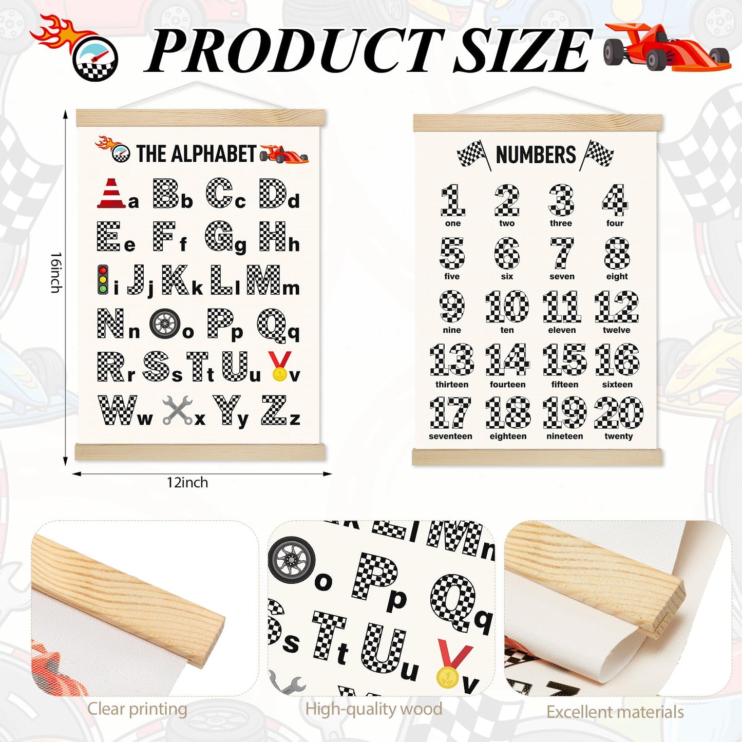 Fuyoooo Race Car Alphabet Posters Room Decor Cars Abc Poster Banner Educational Wall Art Posters with Hanging Wooden Frame 12 x 16 in for Preschoolers Kids Playroom Boys Nursery Bedroom