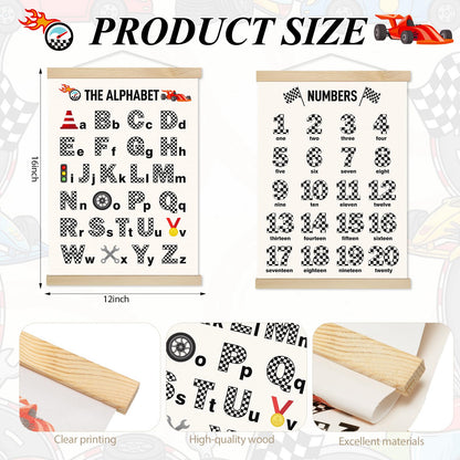 Fuyoooo Race Car Alphabet Posters Room Decor Cars Abc Poster Banner Educational Wall Art Posters with Hanging Wooden Frame 12 x 16 in for Preschoolers Kids Playroom Boys Nursery Bedroom