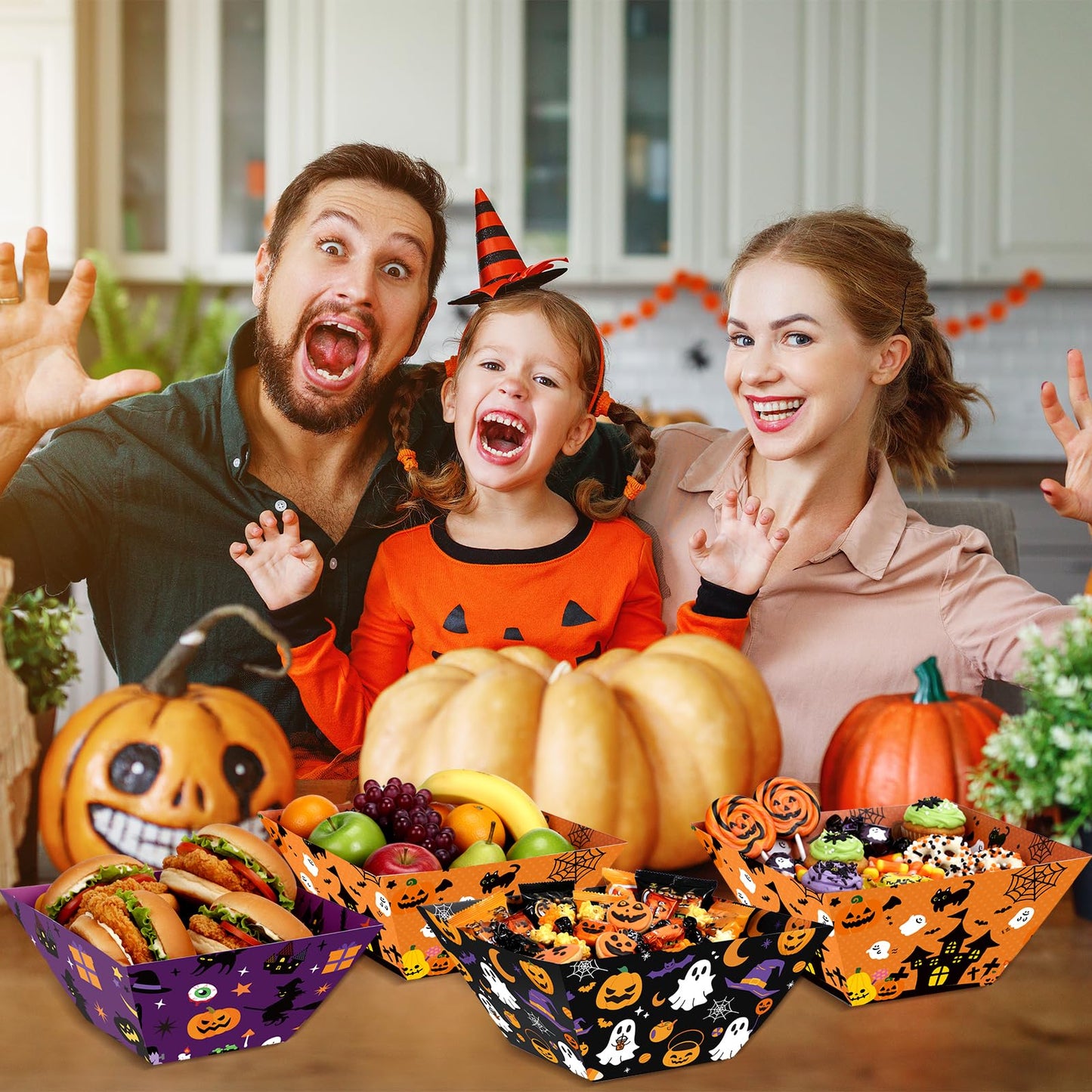 Marspark 24 Pcs Halloween Popcorn Boxes Trick or Treat Snack Bowls Popcorn Tray Containers for Movie Night Halloween Party Pumpkin Bat Ghost Party Supplies