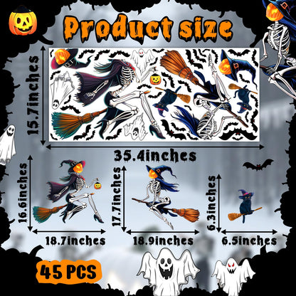 Halloween Window Decorations Decals Scary Skeleton Witches Window Stickers Double-Sided Bats Ghost Clings for Glass Removable Reusable Black Cat Static Decal for Indoor Outdoor Home Holiday Supplies
