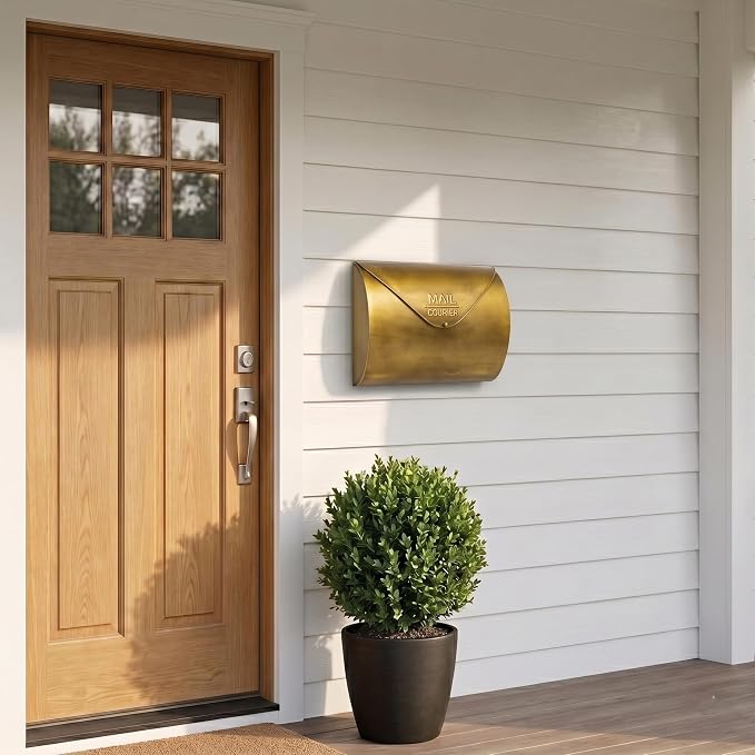 Gold Wall Mount Mailbox for Outside,Waterproof Metal Mailboxes with Rust-Proof Galvanized Steel,Large Capacity Envelope Mailbox for House,12.99 x 10.35 x 3.5 Inch