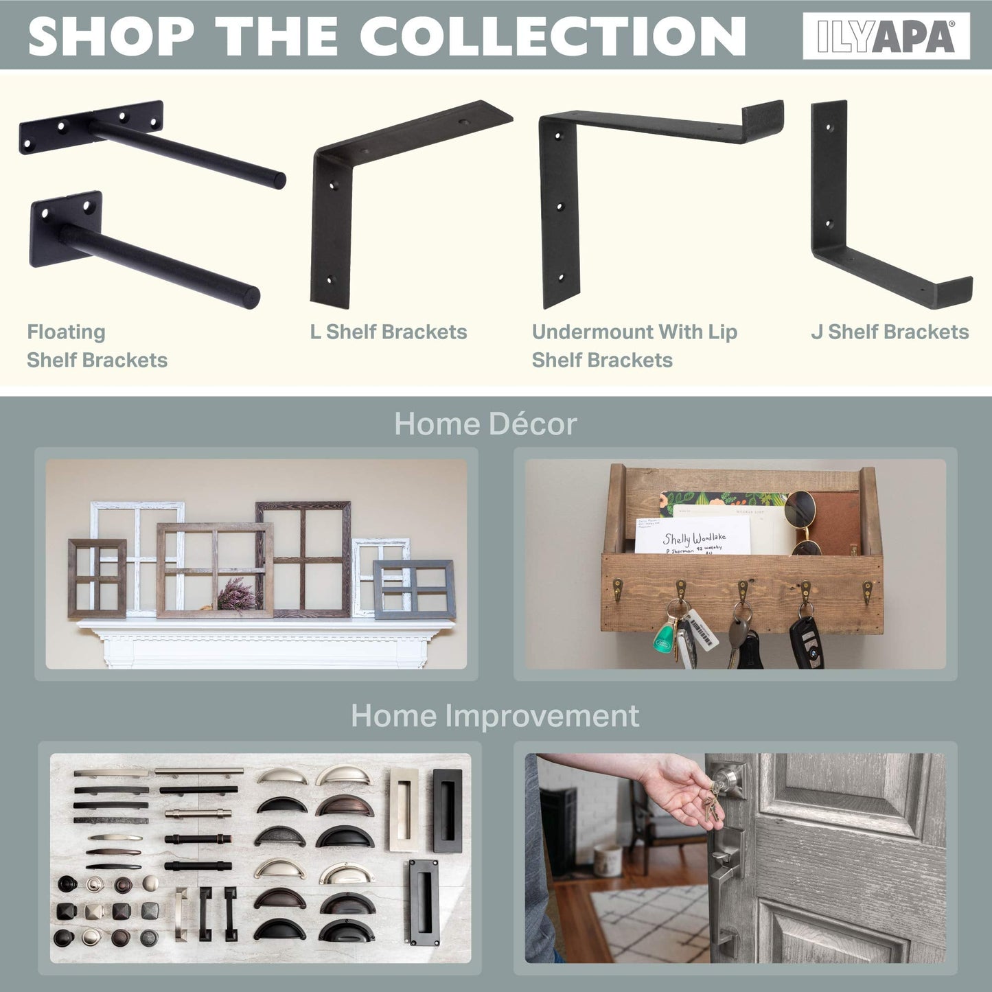 Ilyapa Heavy Duty Floating Shelf Brackets, 4 Pack, Rustic Iron - 6 x 7.25 Inch Black Metal Shelf Holders for Wall Mount Shelves