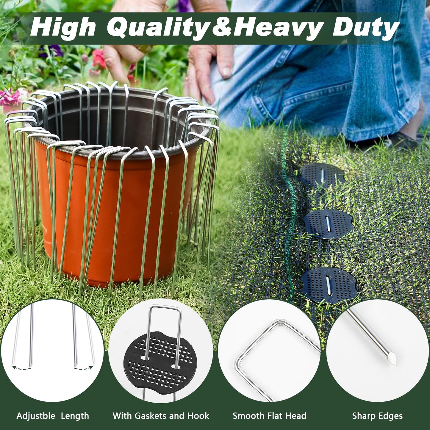 FEED GARDEN Landscape Staples 6 Inch 50 Pack Kit, Heavy Duty 11 Gauge Hot-Dip Galvanized Garden Stakes with 50 Gaskets & 1 Pick Hook for Weed Barrier, Landscape Fabric, Sod, Turf & Garden Edging