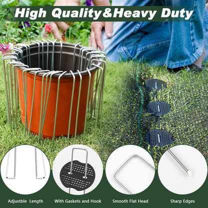 FEED GARDEN Landscape Staples 6 Inch 50 Pack Kit, Heavy Duty 11 Gauge Hot-Dip Galvanized Garden Stakes with 50 Gaskets & 1 Pick Hook for Weed Barrier, Landscape Fabric, Sod, Turf & Garden Edging