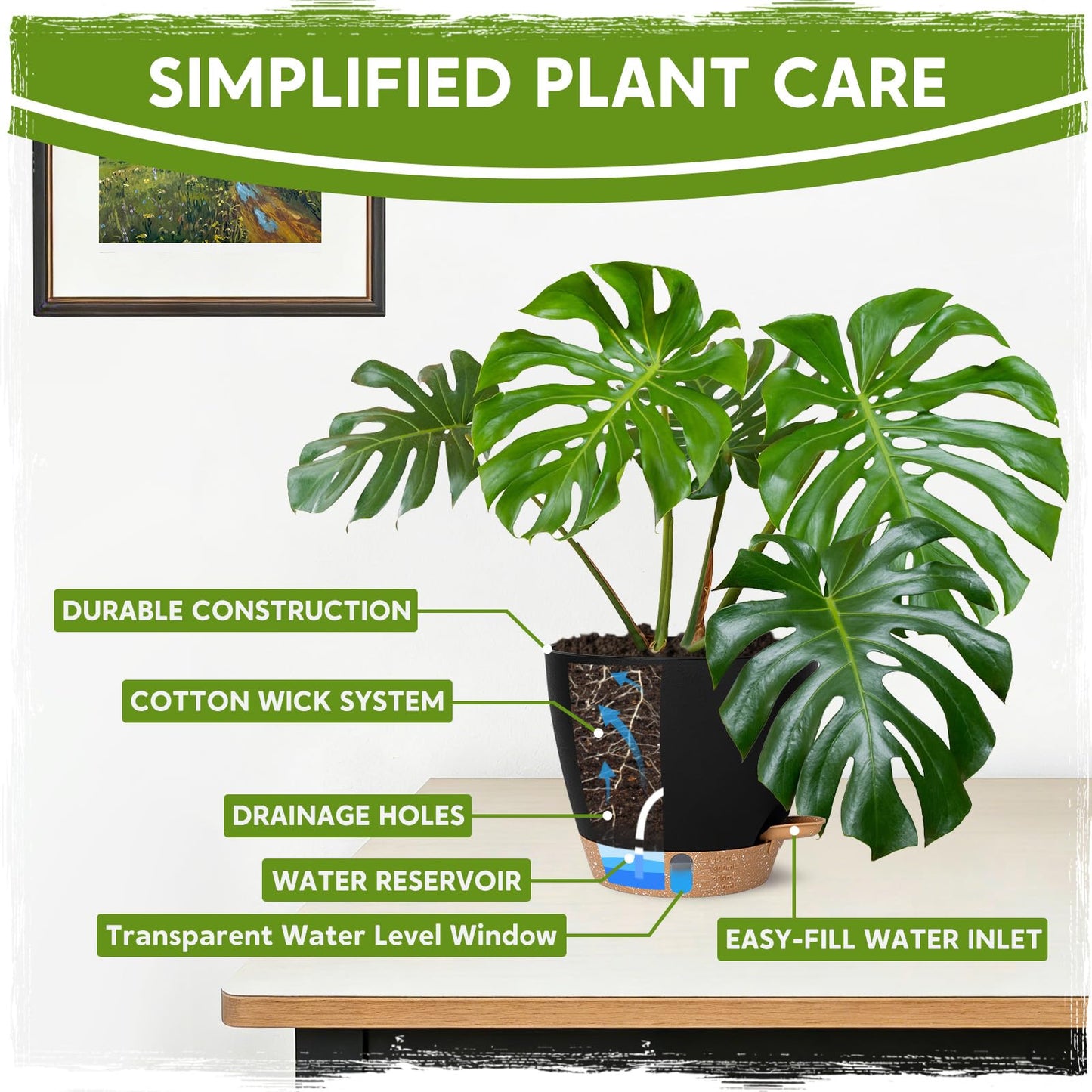 8 Inch Self Watering Pots for Indoor Plants, Plastic Planters with Deep Reservoir & Drainage Holes, Flower Pots for Monstera, Snake Plant & Peace Lily, Worry-Free Vacation Care (Black, 8 inch)