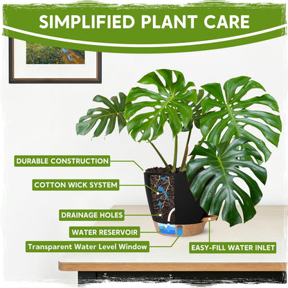 8 Inch Self Watering Pots for Indoor Plants, Plastic Planters with Deep Reservoir & Drainage Holes, Flower Pots for Monstera, Snake Plant & Peace Lily, Worry-Free Vacation Care (Black, 8 inch)