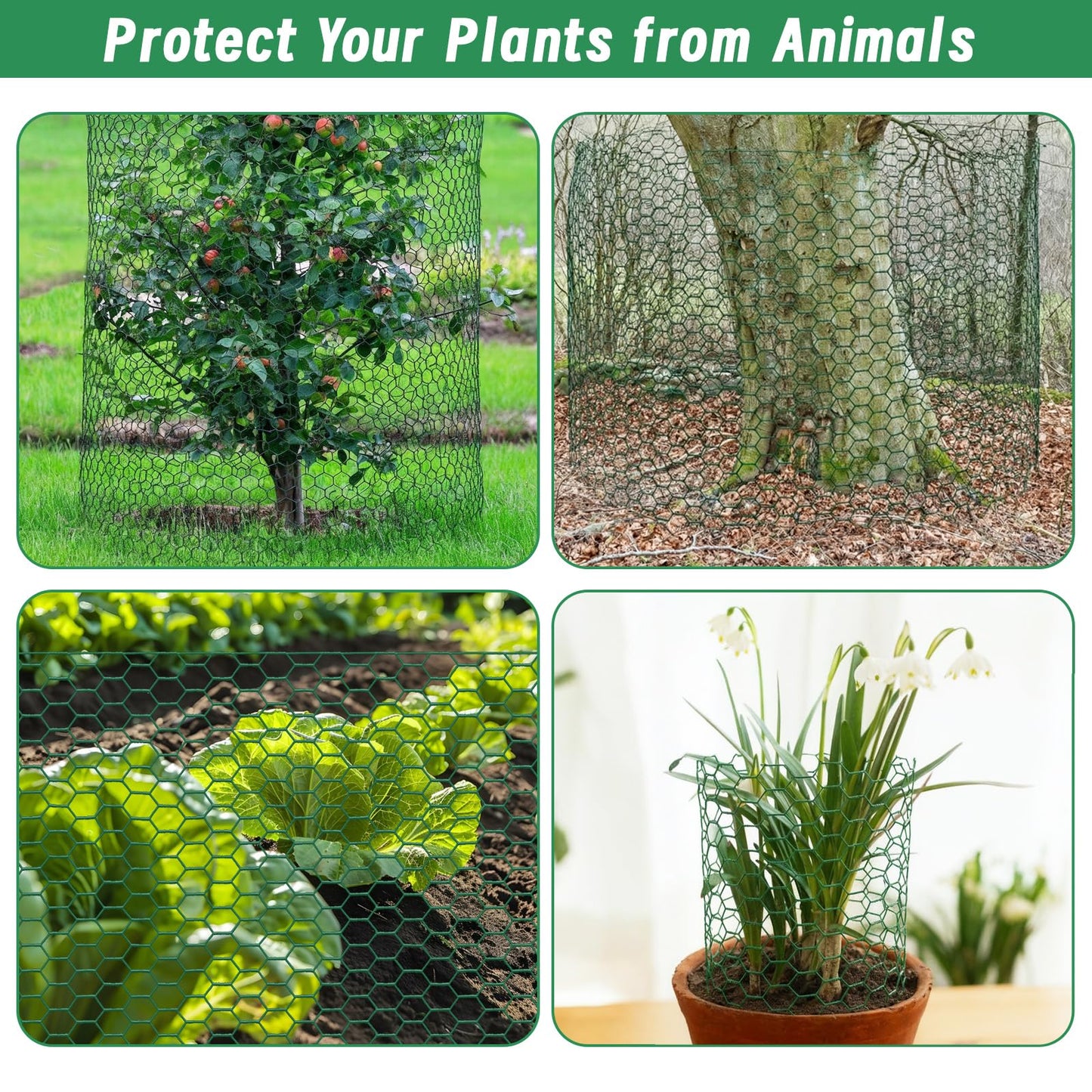 Convivium Plant Protectors from Animals, 0.8mm Free-Cut Green Chicken Wire Mesh, PVC Coated Tree Trunk Guard & Garden Fence for Outdoor Plants with Zip Ties, Stakes, Pliers, Gloves（16.7 Ft*24In）