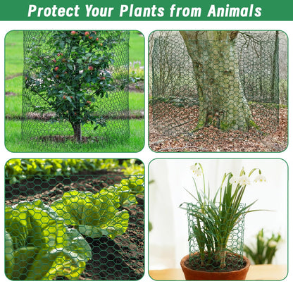 Convivium Plant Protectors from Animals, 0.8mm Free-Cut Green Chicken Wire Mesh, PVC Coated Tree Trunk Guard & Garden Fence for Outdoor Plants with Zip Ties, Stakes, Pliers, Gloves（16.4Ft*16In）